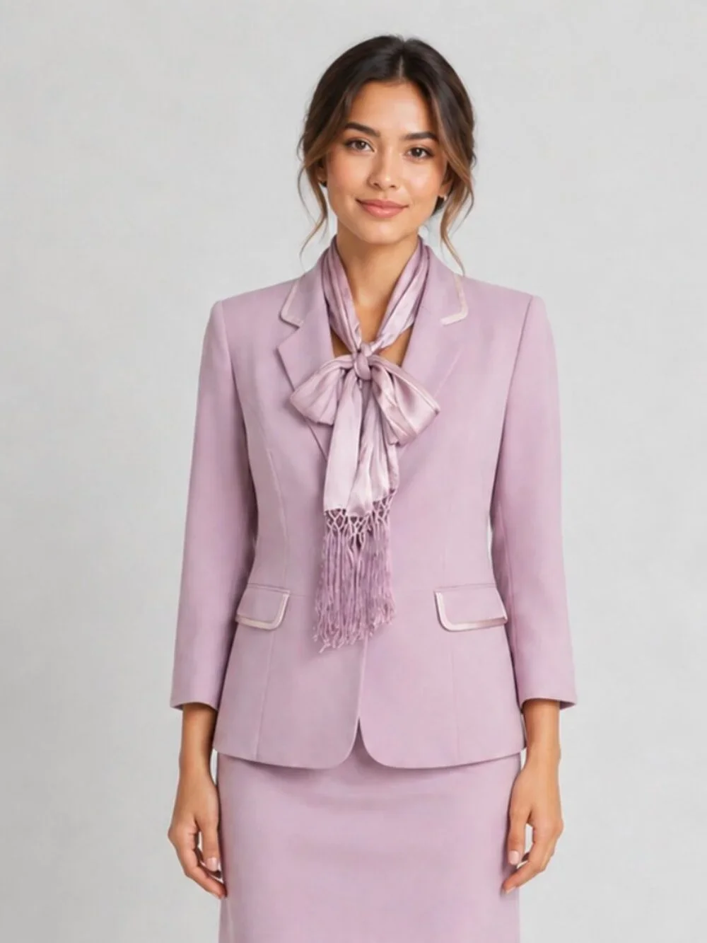 Kasper Petites 12 12P Dusty Purple‎ Silk Trim Scarf Skirt Suit Set 3 Piece Work